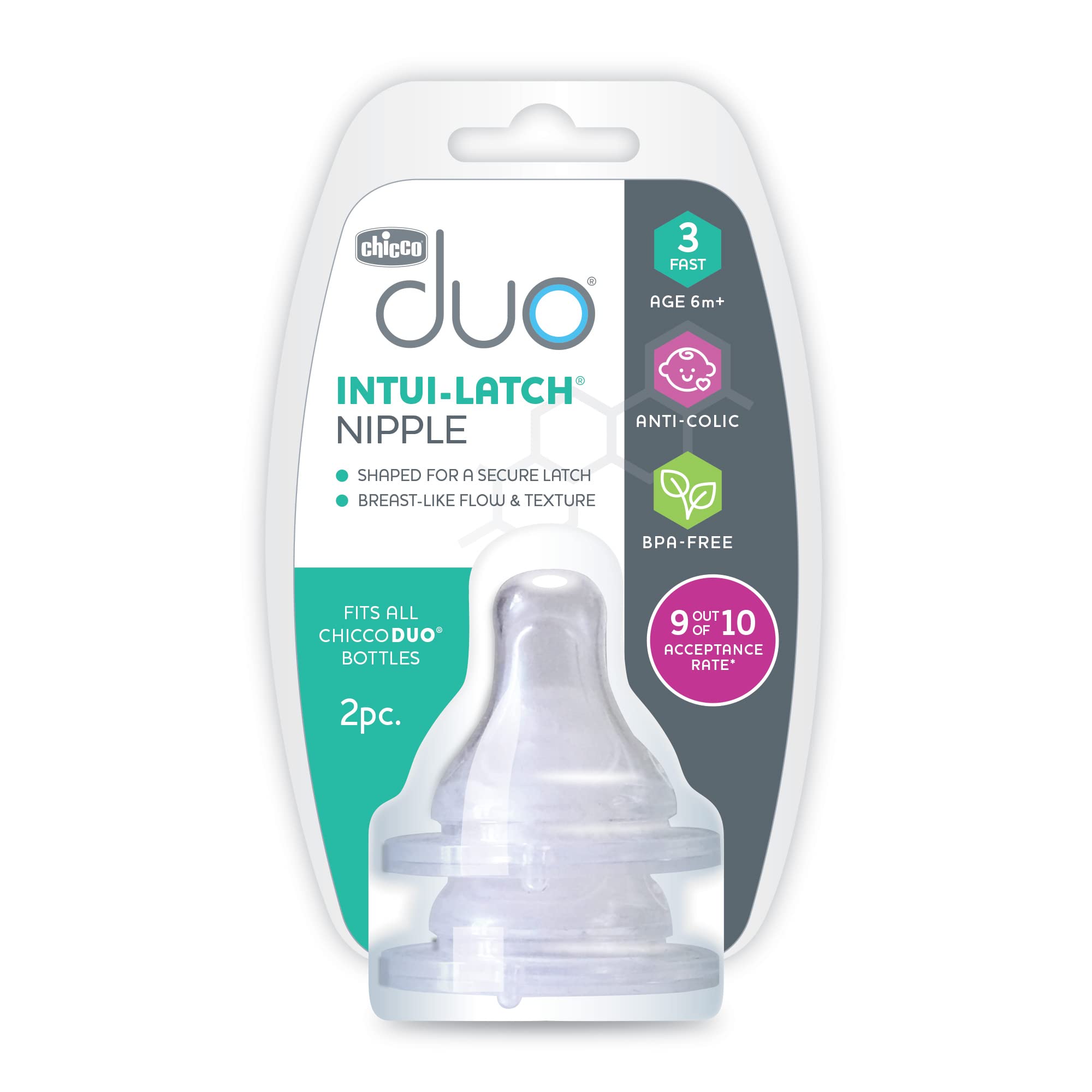Chicco Duo 100% Silicone Intui-Latch Baby Bottle Nipple with Anti-Colic Valve | Skin-Like Texture and Breast-Like Flow | Stage 3, Fast Flow | 2pk | 6+ Months