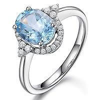 Fashion Solid 14K White Gold Fine Natural Gemstone Aquamarine Diamond Promise for Women Wedding Engagement Ring Set