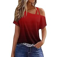 Off The Shoulder Tops for Women Short Sleeve One Shoulder Shirts Criss-Cross Solid Color Gradient Print Sexy Blouse
