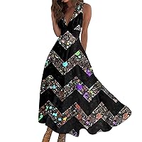 Dresses for Women 2024 Summer Sleeveless Beach Dress Elegant Flowy Sundresses Wrap V Neck Floral Print Maxi Dress
