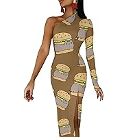 Funny Cat Hamburger Women's Bodycon Dresses One Shoulder Split Sexy Dress Party Cocktail Maxi Dress