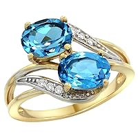 10K Yellow Gold Diamond Natural Swiss Blue Topaz 2-stone Ring Oval 8x6mm, sizes 5 - 10