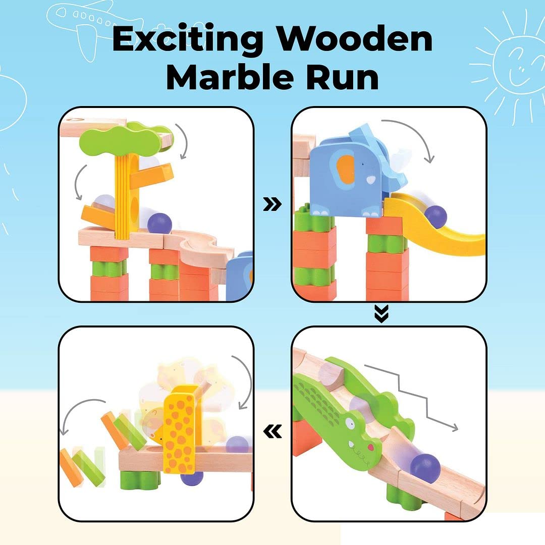 Wooden Marble Run for Kids Ages 4-8-Kids Marble Track Run, 65 Colorful Wooden Block Pieces and 2 Marbles Toys, Wooden Marble Safari Track Maze,STEM Learning, for Boys and Girls, Top Right Toys