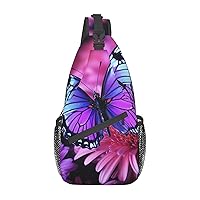 Purple butterfly and flower Crossbody Sling Backpack Sling Bag for Women Hiking Daypack Chest Bag Shoulder Bag