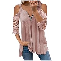 AMhomely Women Casual Lace Half SleeveＶ-Neck Zipper Hollow Out T-Shirt Blouse Tops Sale Clearance UK Size