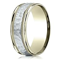 14 kt Two Tone Goldd 8mm Comfort-fit Hammered-finished with Milgrain Carved Design Wedding Band Ring