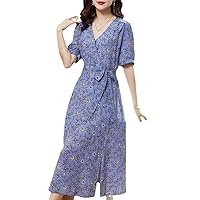 2023 Summer Grade Women's Floral Real Silk Dress Lady Waist Slimming V-Neck Mulberry Silk Long Skirt Short Sleeves (XL) Blue