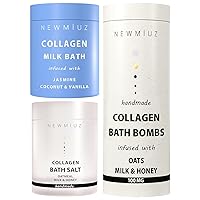 Collagen Skin Care Bath Gift Set Milk Bath, Bath Salt and Bath Bomb Fizz Pack of 3 - Coconut Magnesium Epsom Salt Oatmeal Milk & Honey
