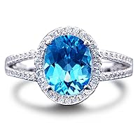 Women's Natural Swiss Blue Topaz Gemstone Oval Shape 14K White Gold Diamond Promise Wedding Band Ring Set