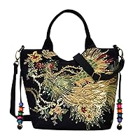 Fiorky Embroidered Canvas Bag, Ethnic Style Women Shoulder Bag Peafowl Embroidery Canvas Crossbody Bag Casual Ladies Beads Pendant Fashion Handbags Tote Handbag Hobo Crossbody Bag For Women