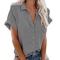 Button Down Shirts for Women Short Sleeve Dressy Casual Blouses Tops 2024 Summer Loose Fit Lapel V Neck Solid Color Shirt