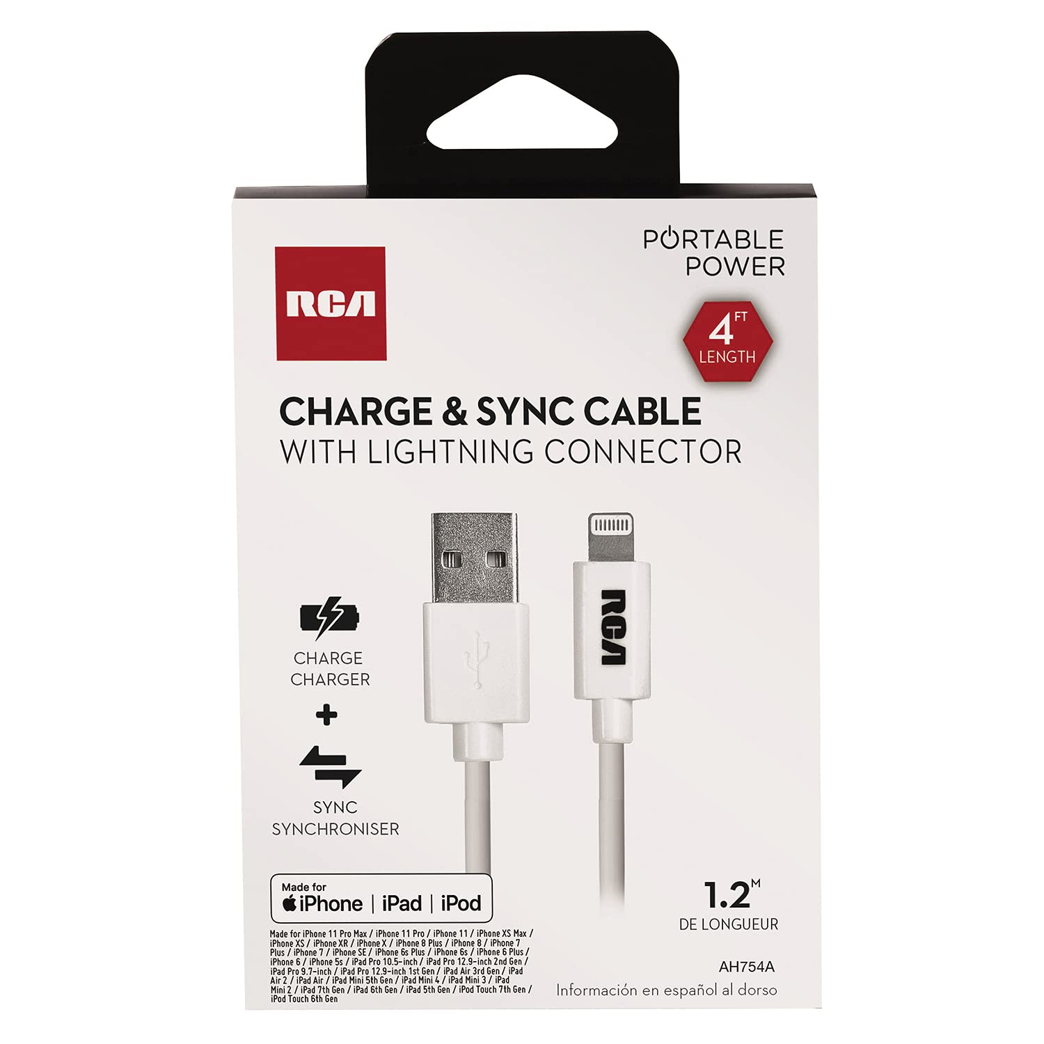 RCA AH754A Charge and Sync Lightning to USB-C Cable, 4 Feet