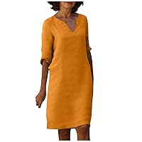 Women's Boho Clothes Retro Solid Color Cotton Linen V-Neck Half Sleeve Dress Light Breathable Dresses 2023