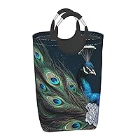 Laundry Basket Waterproof Laundry Hamper With Handles Dirty Clothes Organizer Blue Peacock Feather Print Protable Foldable Storage Bin Bag For Living Room Bedroom Playroom