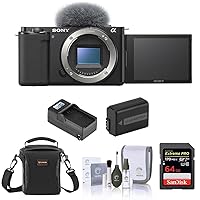 Sony ZV-E10 APS-C Mirrorless Interchangeable Lens Vlogging Camera, Black - Bundle with 64GB SD Card, Shoulder Bag, Extra Battery, Charger, Cleaning Kit