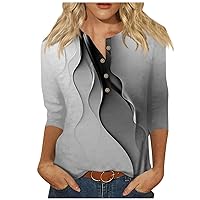 Women's Fashion Casual Printed Button-Down Round Neck Seven-Point Sleeve Top Summer Vacation Tops for Women