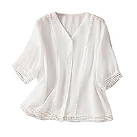 Vintage Cotton Linen Button Down Shirts Women Hollow Guipure Lace Trim Blouses Summer Short Sleeve Casual Tee Tops