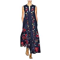 Women's Bohemian Swing Casual Summer Sleeveless Long Maxi Foral Print Hawai Flowy Beach Dress V-Neck Trendy
