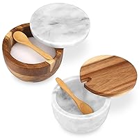 Marble Salt Cellar Box with Wood Lid & Spoon, Modern Stone Salt or Pepper Sugar Spice Seasoning Bowl Container Jar Holder Well Keeper Dish Pig Crock for Kitchen (White)