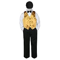 5pc Baby Toddler Kid Boys Black Pants Hat Bow Tie Gold Vest Suits Set (6)