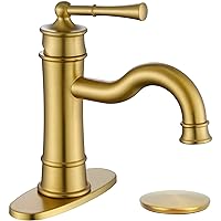 Roman Bathroom Sink Faucet Brushed Gold Single Hole Deck-Mount Pop-up Drain Assembly with Overflow Deck Plate and Water Supply Lines Included