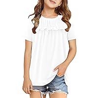 Girls Shirts Casual Short Sleeve Tops Round Neck Ruffle Flowy Tunic Blouses 5-14 Years