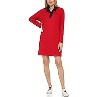 Tommy Hilfiger Women's Johnny Collar Long Sleeve Solid Sportswear Dress, Chili Pepper