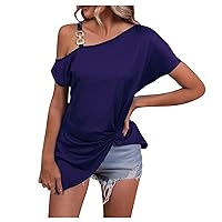 Womens Ruched High-Low Asymmetrical Hem Tops Summer One Shoulder Strape Short Sleeve Trendy Casual Solid T-Shirts