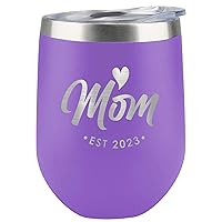 Mom Est 2023 New Mom Gifts - 12oz Stainless Steel Travel Mug - New Mom Gift, Gifts for First Time Mothers, Ideal Gift for Mother's Day, Gifts for Her (Lilac)
