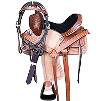 Youth Child Premium Leather Western Barrel Racing Pleasure Trail Pony Miniature Horse Saddle Tack Size 10 to 12 Inch Seat + Leather Headstall, Breast Collar, Reins