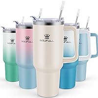 40 oz Tumbler with Handle and Straw Lid, 100% Leak-proof Travel Coffee Mug, Stainless Steel Insulated Cup for Hot and Cold Beverages, Keeps Cold for 34Hrs or Hot for 10Hrs, Dishwasher Safe (Cream)