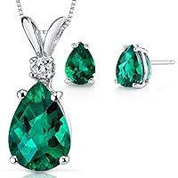 PEORA 14K White Gold Created Emerald Pendant and matching Earrings - Pear Shaped Created Emerald Diamond Pendant 1.75 Carats + Pear Shaped Created Emerald Stud Earrings 1.25 Carats