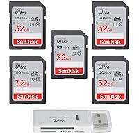SanDisk 32GB Ultra SDHC UHS-I Class 10 Memory Card 120MB/s U1, Full HD, SD Camera Card SDSDUN4-032G (5 Pack) Bundle with (1) GoRAM USB 3.0 Card Reader