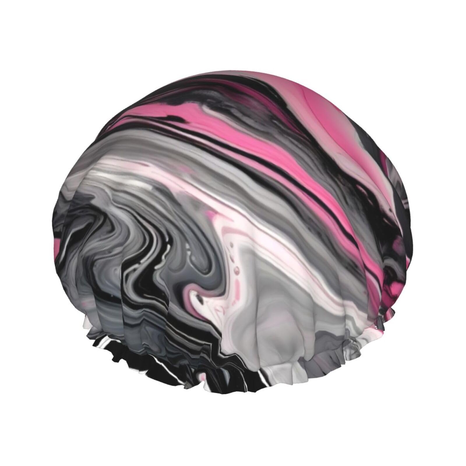 Pink Abstract Marble Gray Artistic Double Layer Waterproof Shower Cap - Women's Lightweight, Portable, Soft, Reusable Bath Accessory