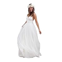 Women's Spaghetti Ruched Empire Waist Open Back Beach Wedding Dress White US16