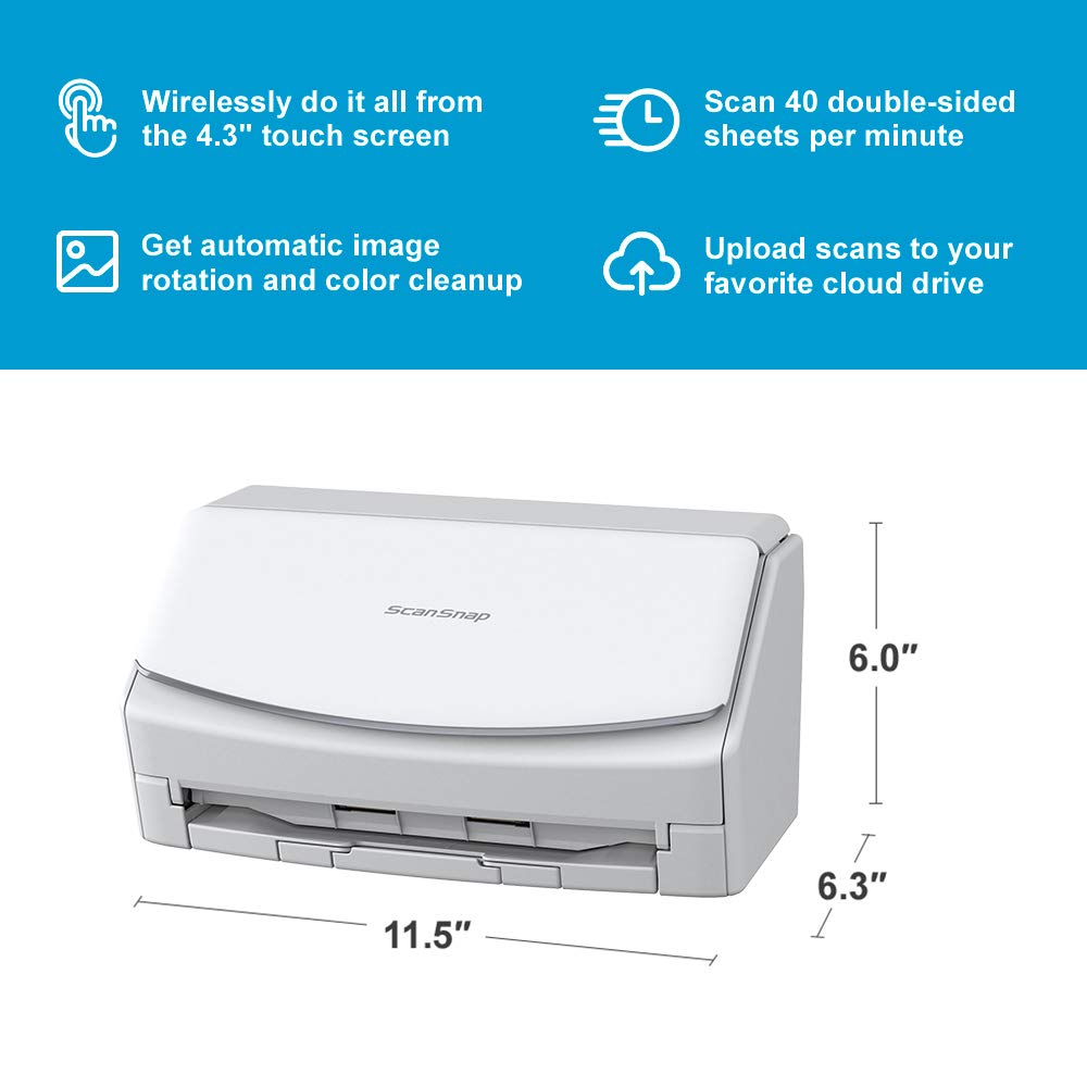 ScanSnap iX1600 Wireless or USB High-Speed Cloud Enabled Document, Photo & Receipt Scanner with Large Touchscreen and Auto Document Feeder for Mac or PC, White