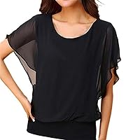 Women's Short Sleeve Chiffon Blouse Casual Top with Batwing Sleeves Loose Fit T Shirt Breathable Lightweight