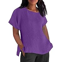 Linen Shirts for Women Short Sleeve Crewneck Oversized T Shirts Loose Casual Blouses Lightweight Trendy Summer Tops 2024