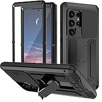 XRJNFHI-- Metal Case for Samsung Galaxy S24 Ultra/S24 Plus/S24, Slide Camera Cover Screen Protector Full Body Case Kickstand Military Heavy Duty Case (S24,Black)