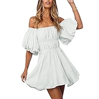 Womens Off The Shoulder Summer Dresses 2024 Short Lantern Sleeve Ruffle Elastic Waist A-Line Casual Mini Dress