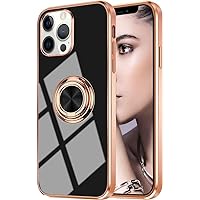 Omorro Compatible with Rose Gold iPhone 14 Pro Max Case for Women Girls Kickstand Ring Holder 360 TPU Rotation Ring Case with Stand Plating Edge Work with Magnetic Mount Slim Luxury Case, Black