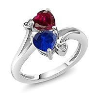 Gem Stone King 925 Sterling Silver Red Created Ruby Blue Created Sapphire and White Diamond Ring For Women (1.80 Cttw, Heart Shape 6MM, Available In Size 5, 6, 7, 8, 9)