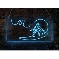 Man Doing Water Surfing Wave Rider Surfer Standing Surf Board Beach Neon Sign, Handmade EL Wire Neon Light Sign, Home Decor Wall Art, Ice Blue