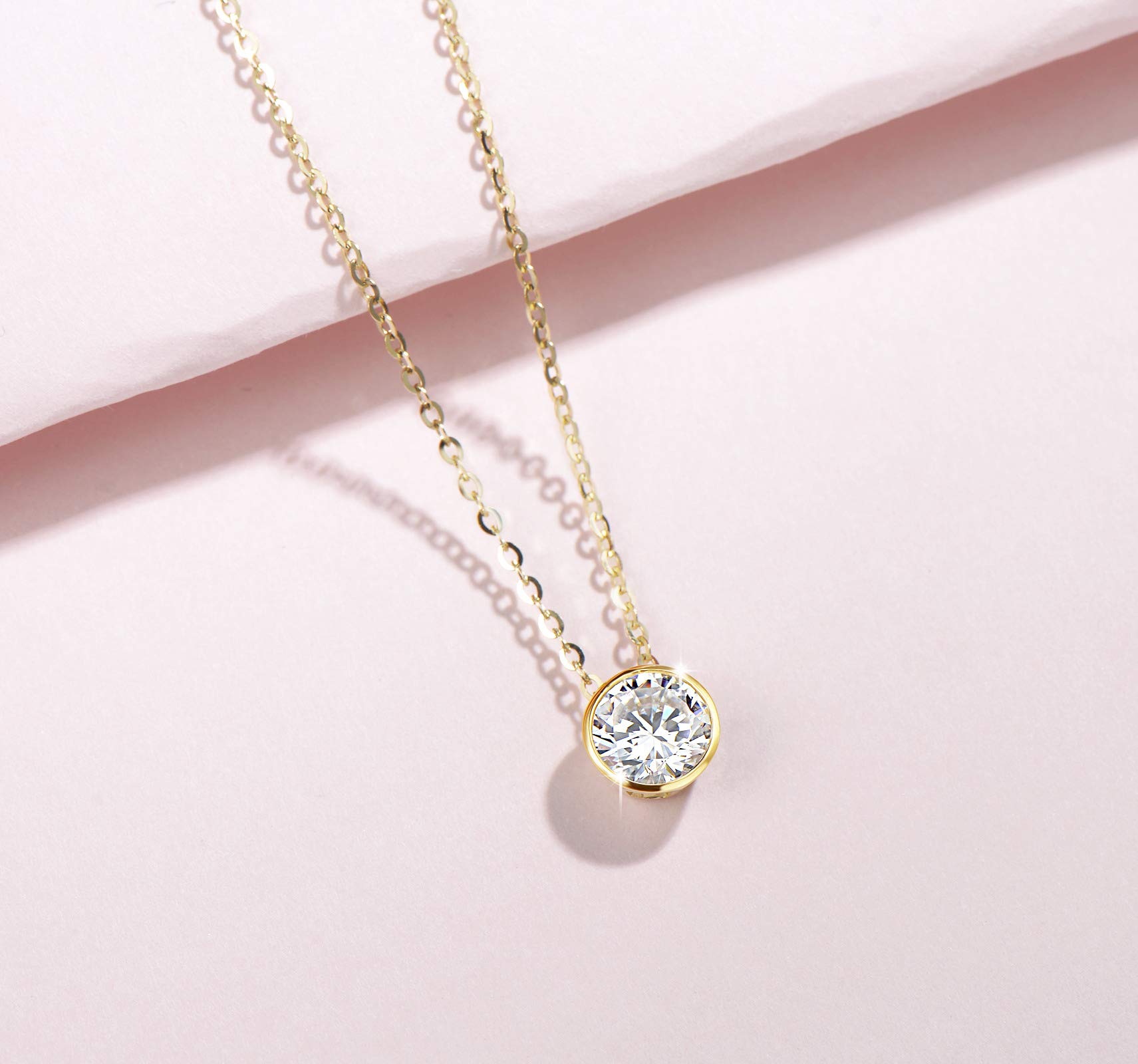 FANCIME 14k Solid Gold 1 Carat 6.5mm Moissanite Classic Bezel Set Solitaire Gemstone Pendant Necklace for Women Girls, Gold Chain 16 + 2 inch Extender
