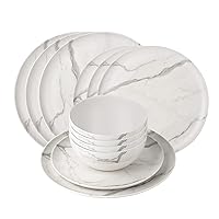 GIA Everyday 12 Pieces Bamboo Melamine Dinnerware Set for 4 person, White Marble Swirl