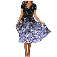 Church Dresses for Women 2023, Casual Summer Dresses Long Dresses Guest Blue Dress Women's Casual Fashion Floral Print Short Sleeve V-Neck Swing Dress Easter Courthouse (XXL, Purple)