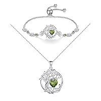 FANCIME Tree of life August Birthstone Jewelry Set Sterling Silver Peridot Pendant Bracelet Birthday Mothers Day Gifts for women Wife Mom Her