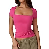 Women's Square Neck Tank Top Solid Basic Summer Casual Crop Top Short Sleeve Sexy Slim Fit Going Out Top