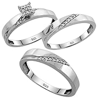 Genuine 925 Sterling Silver Diamond Trio Wedding Sets for Him and Her Diagonal Channel 3-piece 4.5mm & 3.5mm wide 0.13 cttw Brilliant Cut sizes 5-14