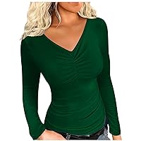 Stretchy Plain Shirts for Women Tight Slim Fit Long Sleeve Tops 2024 Fashion Casual V Neck Pullover Blouses